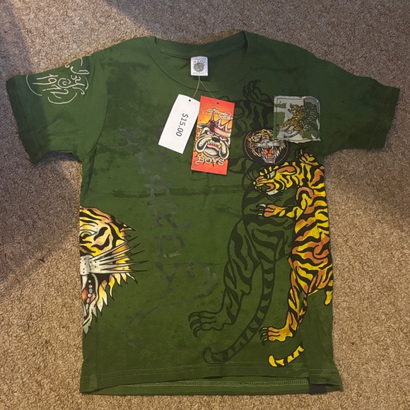 Ed Hardy Jungle Green Kids T-Shirt with Tiger Design - Picture 1 of 4